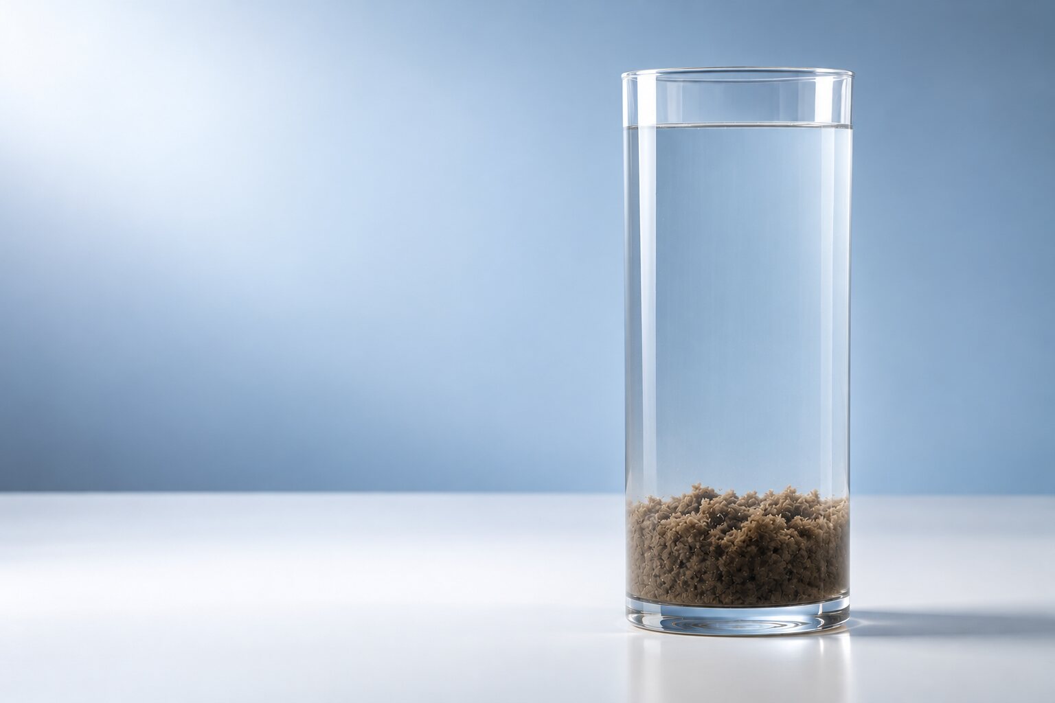 Čirá voda se sedimentem ve sklenici po úpravě